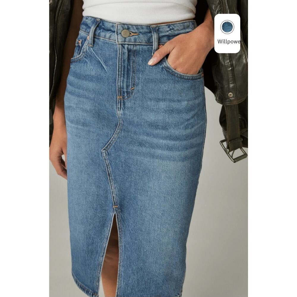 Lucky Brand Classic Pencil Denim Midi Skirt Size 26 Stretch Split Front/ Back